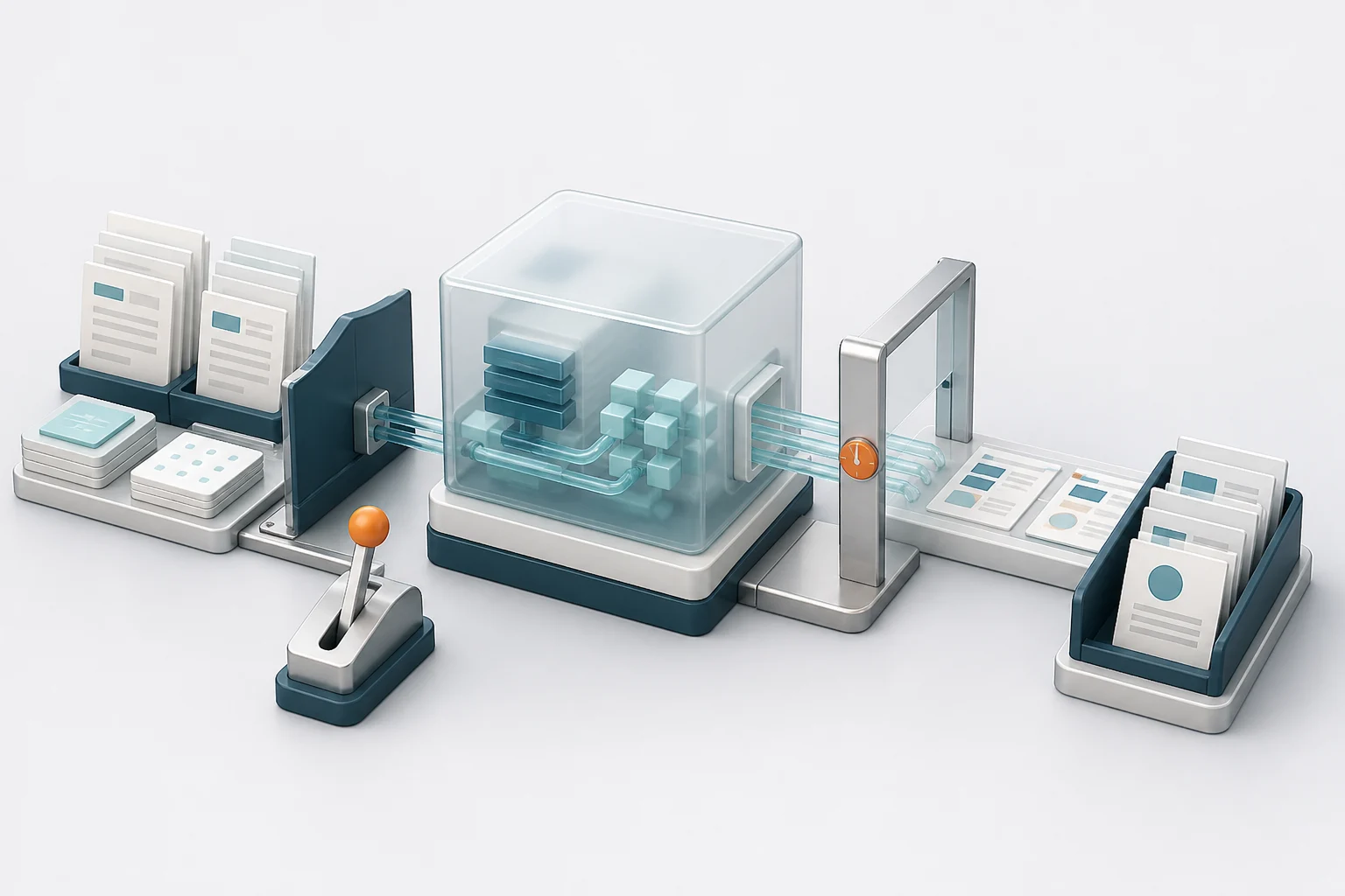 Documentos y datos pasan por un módulo de inteligencia artificial, una revisión visible y un control manual antes de incorporarse al flujo de trabajo